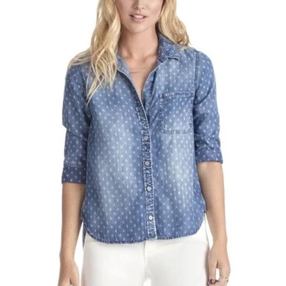 CLOTH & STONE Chambray Button-Down Shirt Roll-Up 3/4 Sleeve Printed Blue Size XS